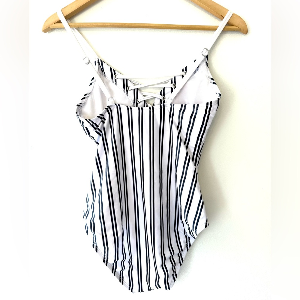Nautica White with Navy Stripes Mio Laced Front One Piece Swimsuit - Picture 8 of 14